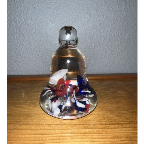 Joe Rice Signed  Red White Blue Flowers Bell Paperweight Art Glass - Picture 1 of 4